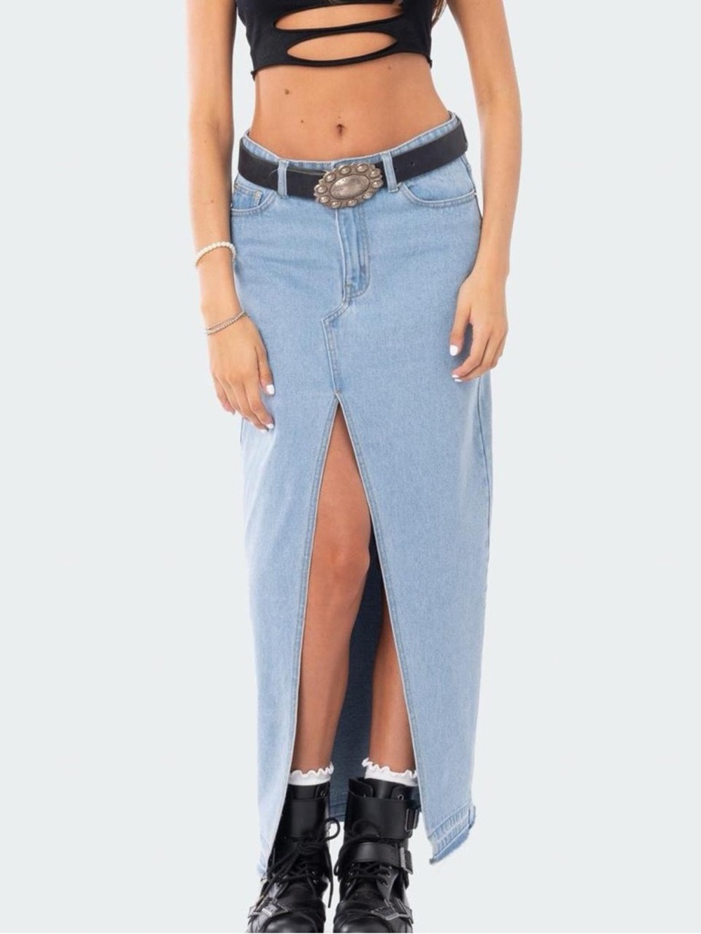 Edikted Front Slit Light Wash Denim Maxi Skirt with Front Slit
